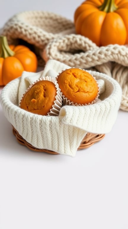 A cozy basket with butternut squash muffins, surrounded by pumpkins and a knitted blanket.
