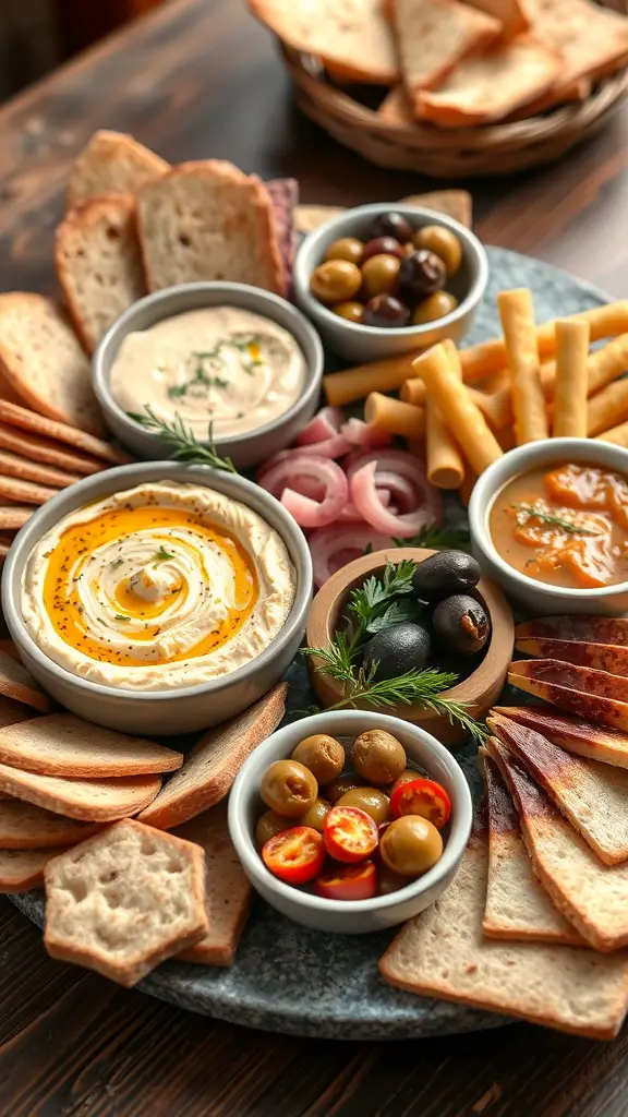 A beautifully arranged Mediterranean mezze platter with hummus, olives, pita chips, and fresh vegetables.