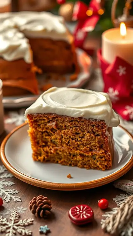 A slice of gingerbread cake with cream cheese frosting on a plate, surrounded by festive decorations.