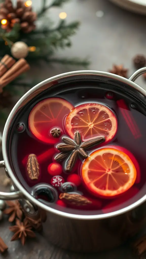 A pot of non-alcoholic hot mulled wine with orange slices and spices