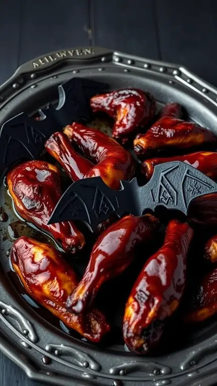 A platter of chicken wings coated in barbecue sauce, with a bat-shaped serving utensil on top.