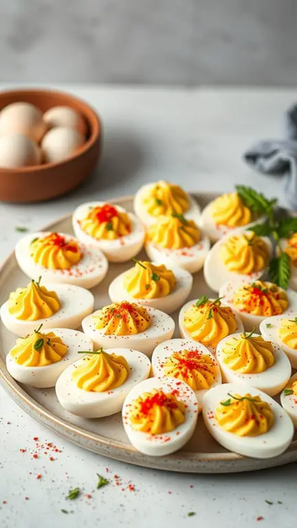 A platter of deviled eggs garnished with paprika and herbs, with a bowl of eggs in the background.