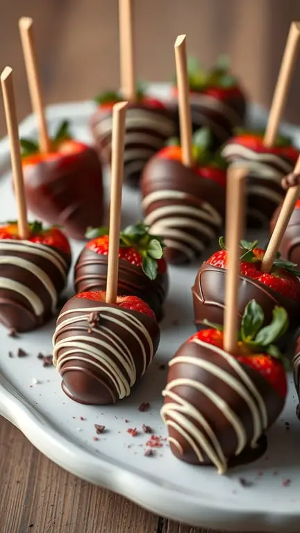A platter of chocolate-covered strawberries with wooden sticks, drizzled with white chocolate.