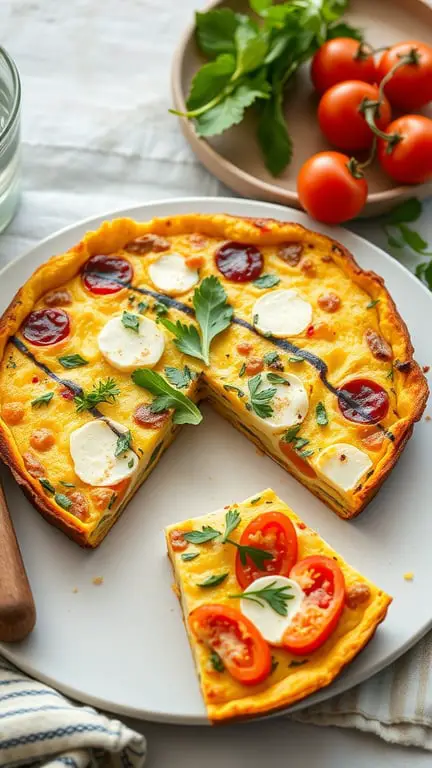 A colorful Boursin cheese and herb frittata with cherry tomatoes and fresh herbs, sliced and served on a plate.