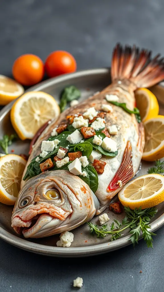 A whole snapper fish stuffed with spinach and feta cheese, garnished with lemon slices and fresh herbs.