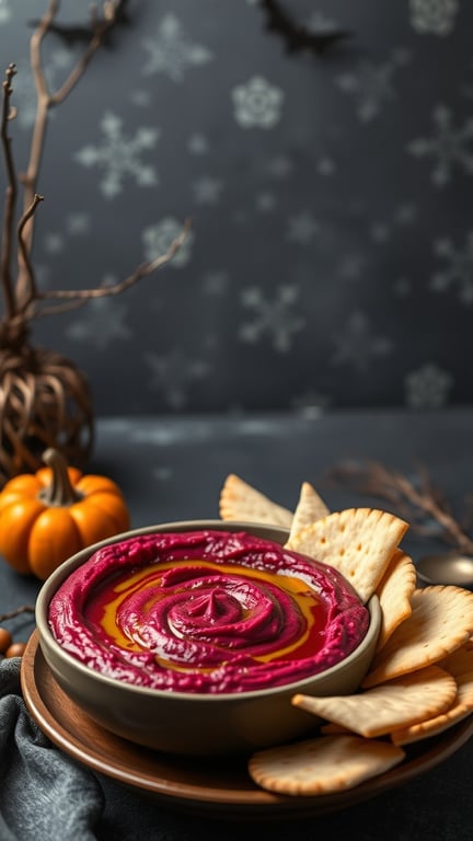 A bowl of Bloody Beet Hummus with pita chips, set against a dark Halloween-themed background.