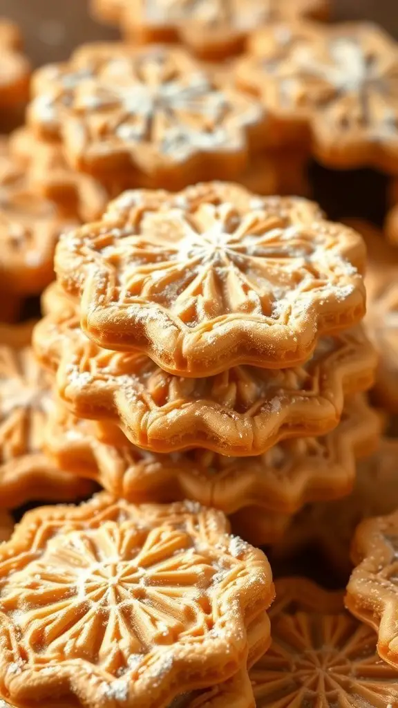 A stack of beautifully crafted pizzelle cookies with intricate designs and a dusting of powdered sugar.