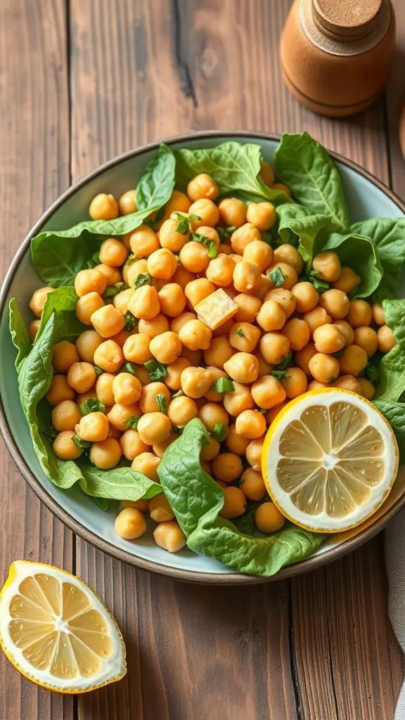 A bowl of chickpea salad with spinach and lemon slices on a wooden table.