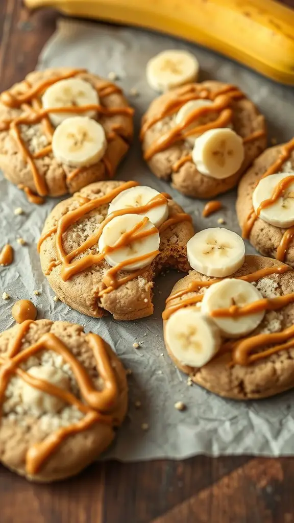Peanut Butter Banana No Bake Cookies topped with banana slices and peanut butter drizzle