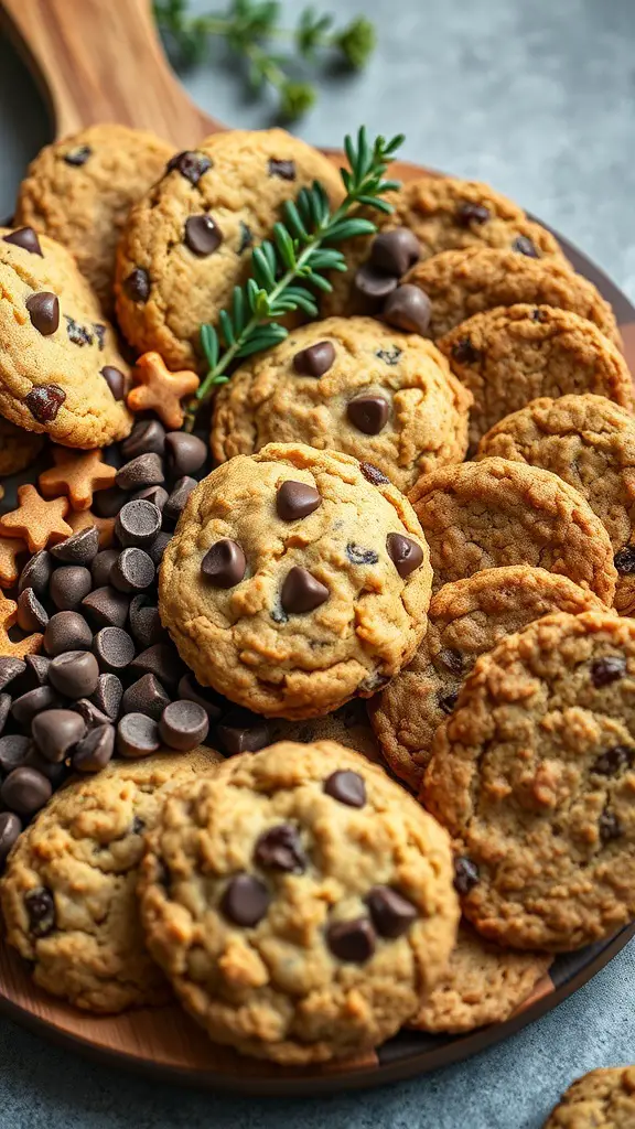 A variety of crispy cookies including chocolate chip and oatmeal raisin, arranged on a wooden platter with chocolate chips and decorative stars.