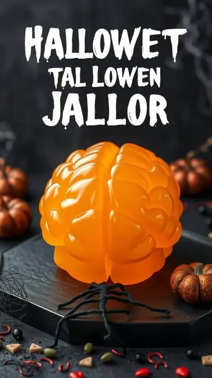 A bright orange jello shaped like a brain, displayed on a black platter with Halloween decorations.