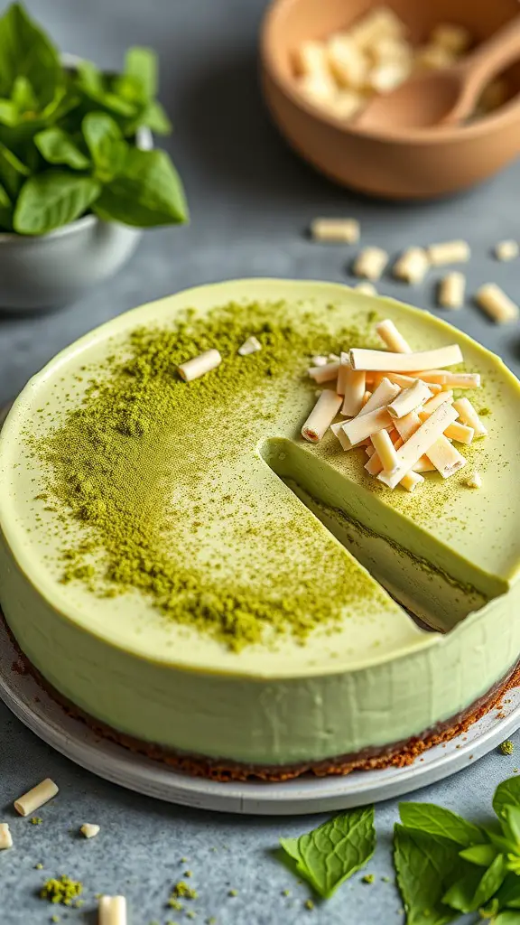 A Matcha Green Tea No Bake Cheesecake with a slice cut out, topped with white chocolate shavings and matcha powder.
