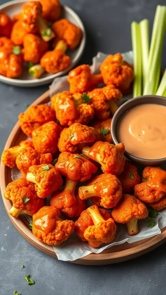 A plate of Buffalo Cauliflower Bites with a side of ranch dressing and celery sticks.