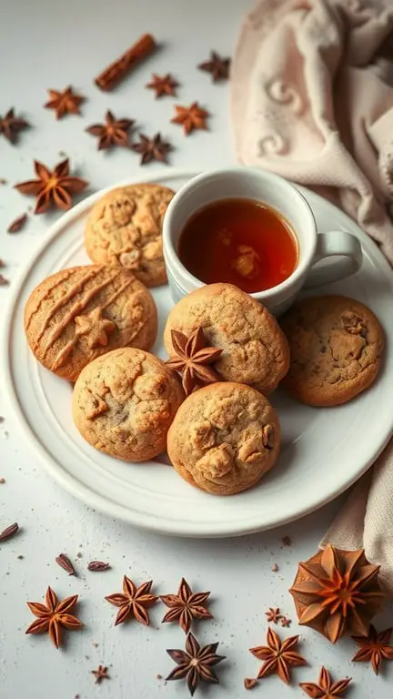 A plate of chai-spiced cookies with star anise and a cup of chai tea.