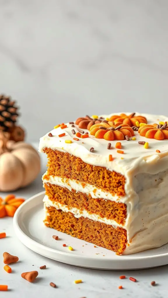 A slice of pumpkin spice cake with cream cheese frosting, decorated with candy pumpkins and sprinkles.