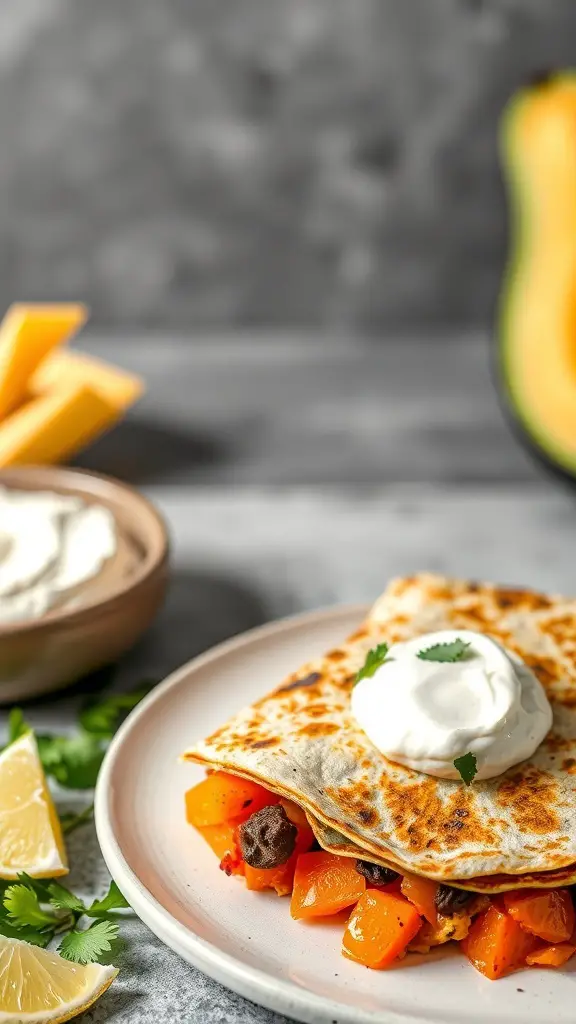 A plate of spicy sweet potato quesadillas topped with sour cream and cilantro, with lemon and a bowl of sauce on the side.