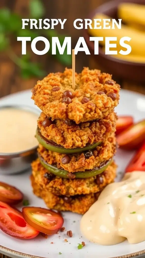 A stack of crispy fried green tomatoes served with remoulade sauce and fresh tomato slices.