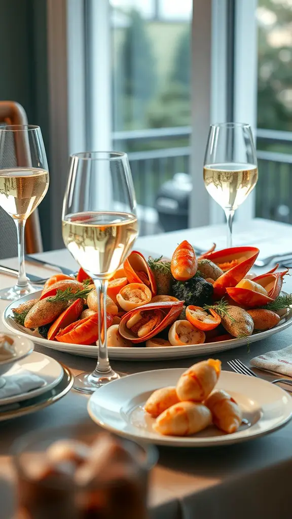 A beautifully arranged seafood platter with various shellfish and white wine glasses on a table.