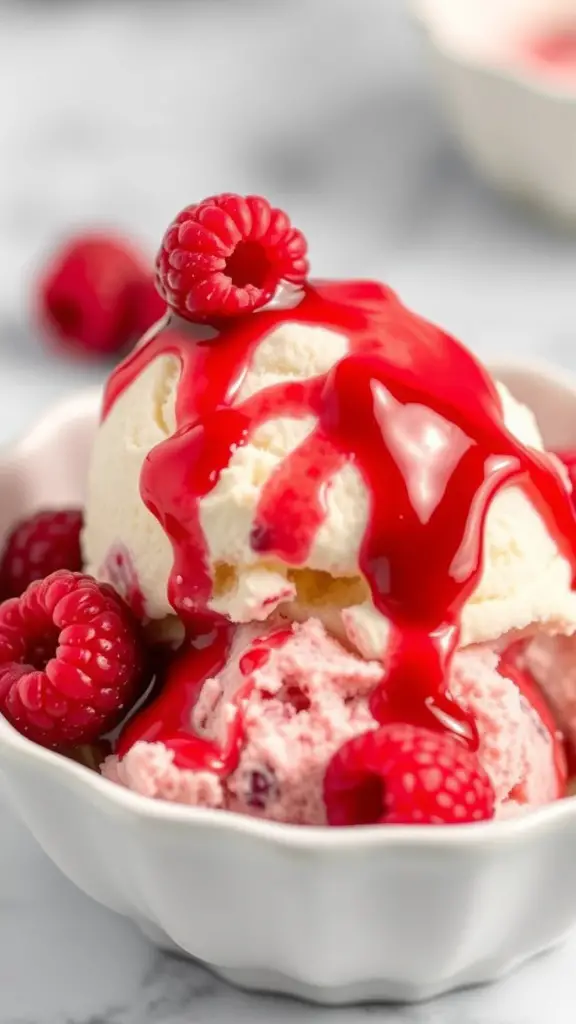 A bowl of raspberry cheesecake ice cream with raspberry sauce and fresh raspberries.