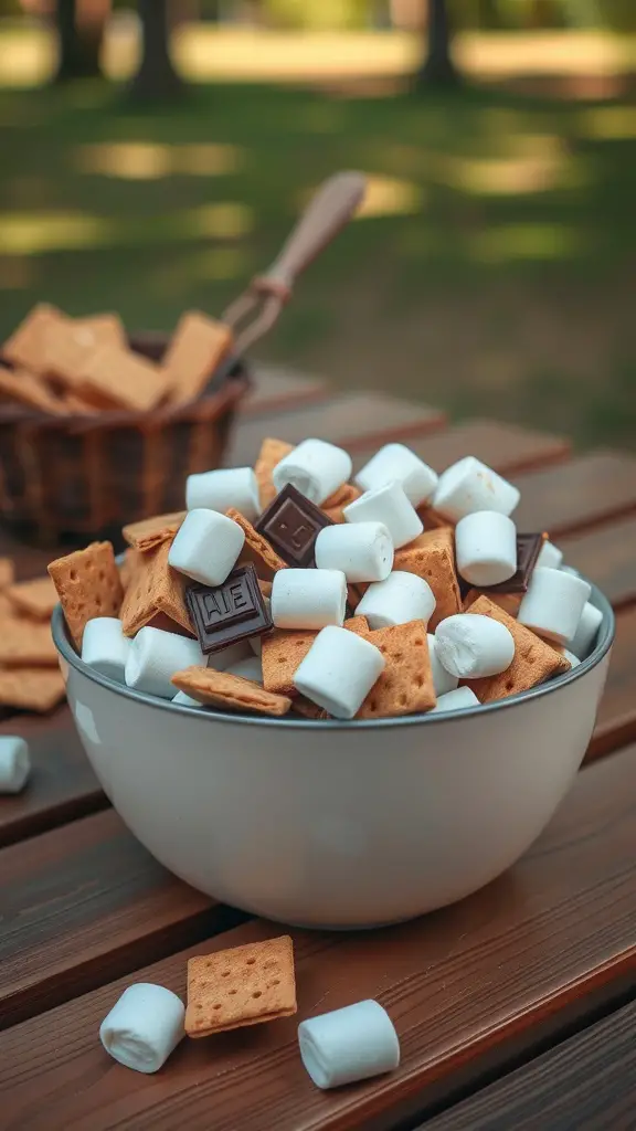 A bowl of S'mores Snack Mix with graham crackers, marshmallows, and chocolate.