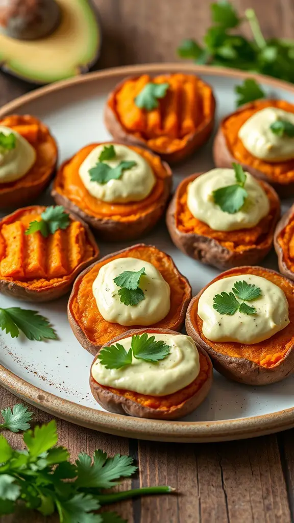 A plate of sweet potato bites topped with avocado cream and cilantro.