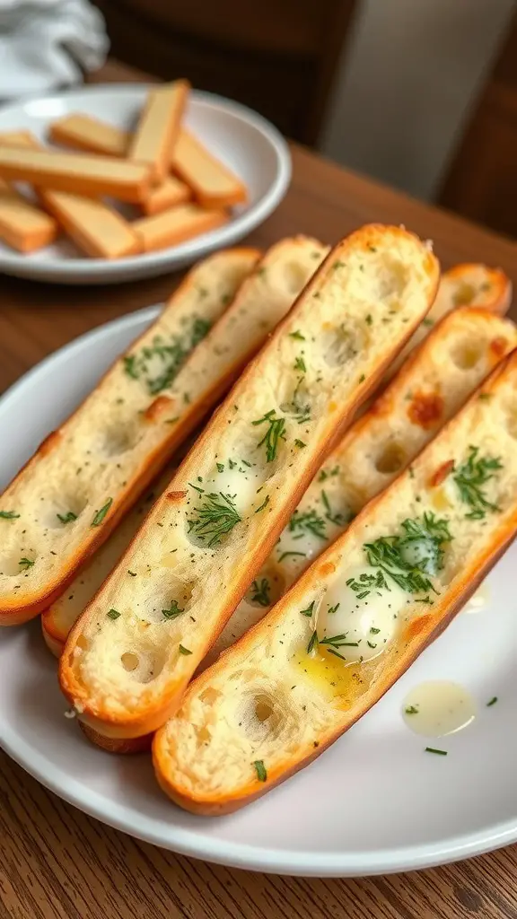A plate of buttery garlic breadsticks with herbs on top, served alongside a plate of cheese sticks.
