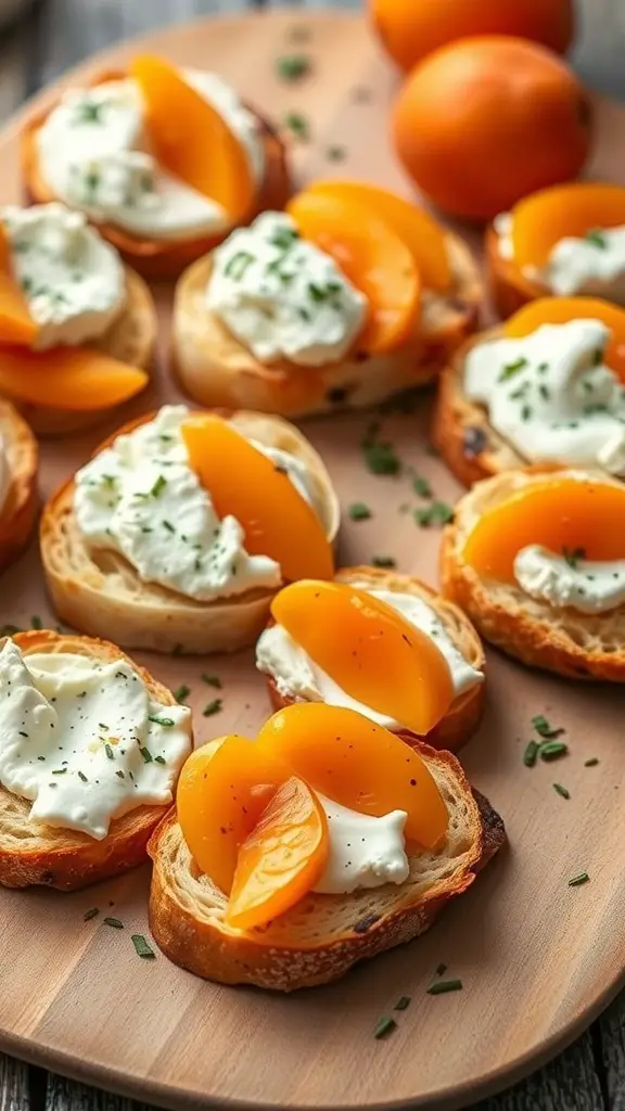 Crostini topped with goat cheese and apricot slices on a wooden platter