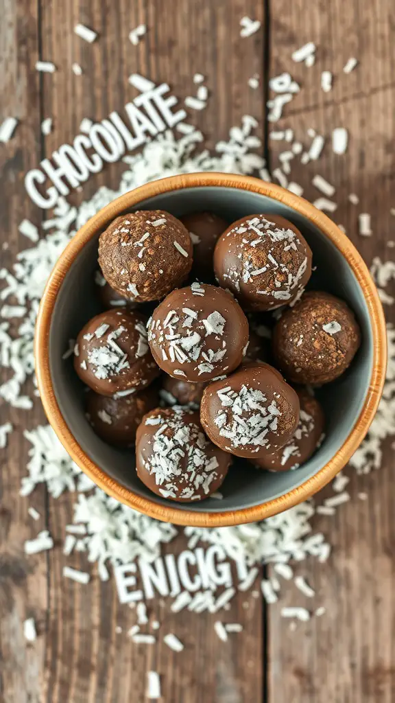A bowl of chocolate coconut energy balls topped with shredded coconut on a wooden surface.