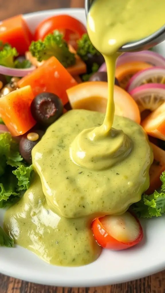 Creamy avocado dressing being poured over a colorful salad with tomatoes, lettuce, and olives.