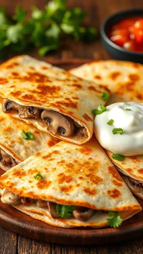 Delicious quesadillas filled with mushrooms and cheese, served with sour cream and salsa.