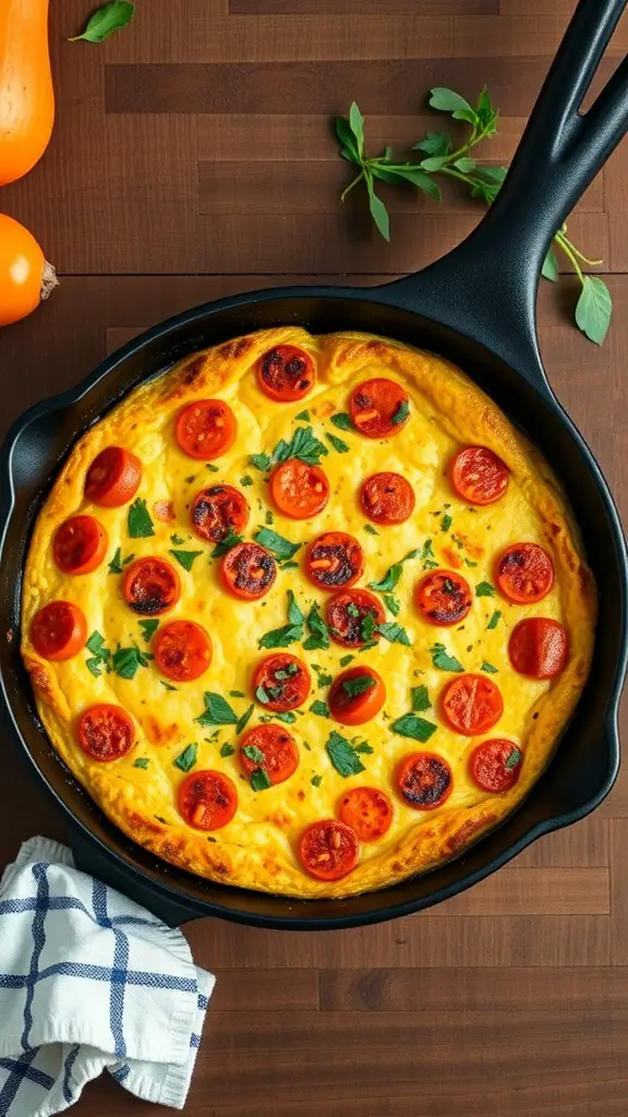 A delicious butternut squash frittata topped with pepperoni and herbs in a skillet.