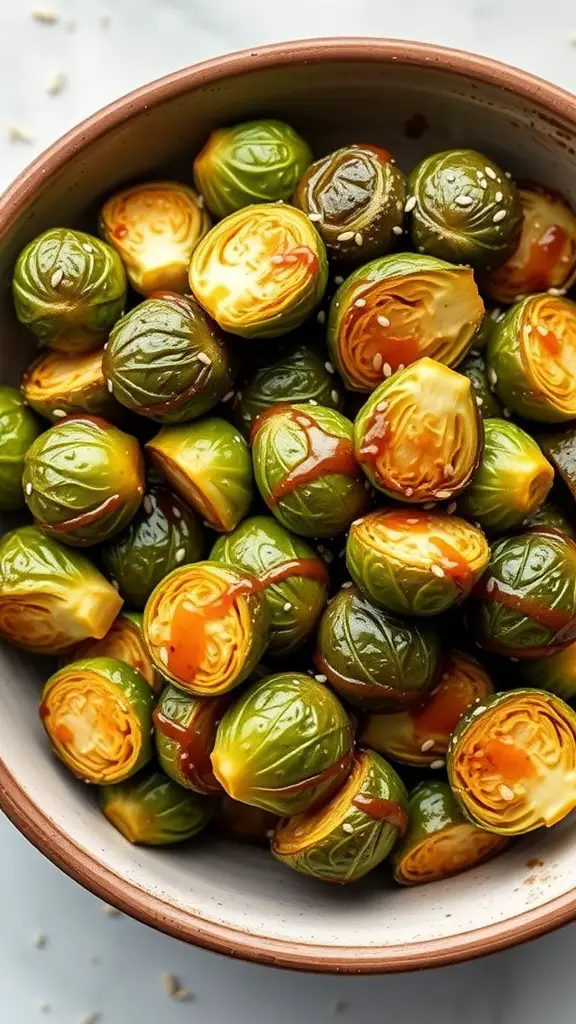 A bowl of maple-glazed Brussels sprouts, showcasing their vibrant green color and shiny glaze.