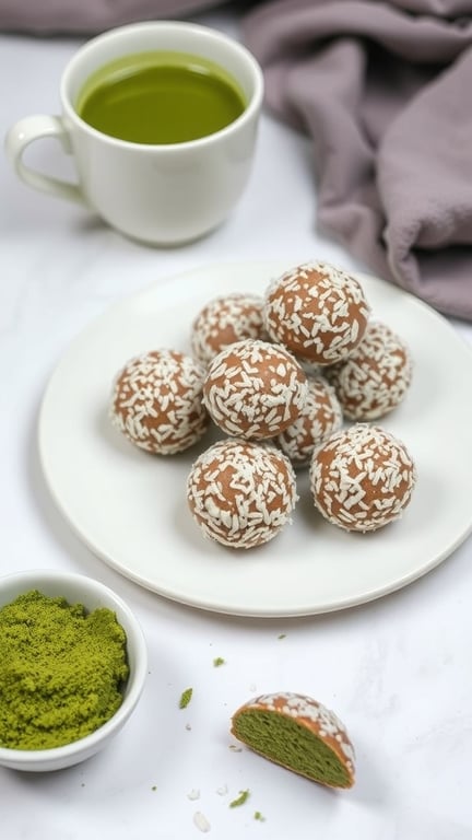 A plate of matcha energy bites coated in coconut, with a cup of matcha tea and a bowl of matcha powder.