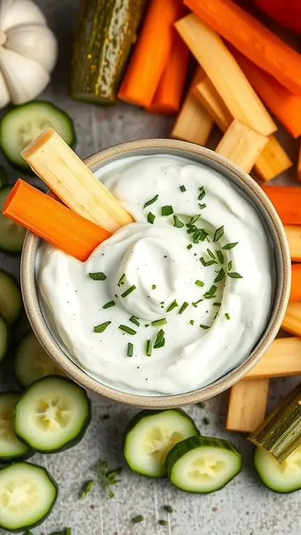 A bowl of creamy yogurt dip garnished with herbs, surrounded by fresh cucumber slices and carrot sticks.