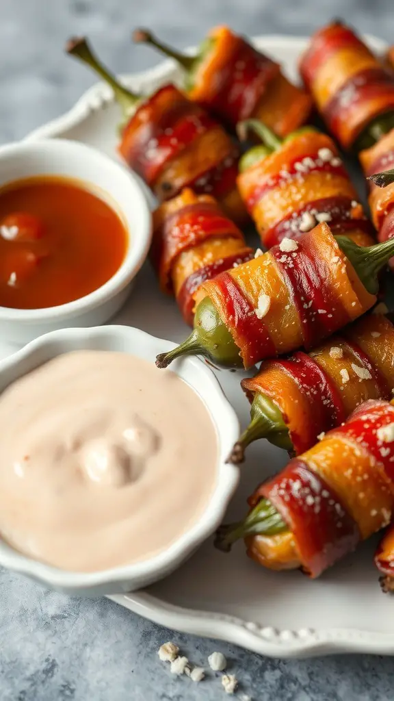 A plate of smoky bacon-wrapped jalapeño poppers with dipping sauces