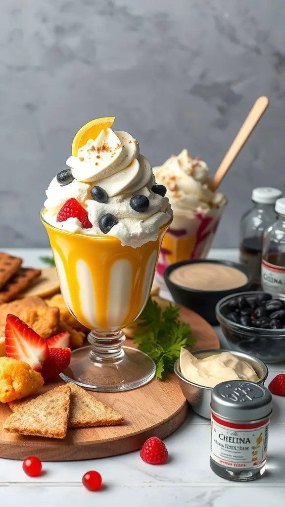 A colorful ice cream sundae with whipped cream, strawberries, blueberries, and toppings on a table.