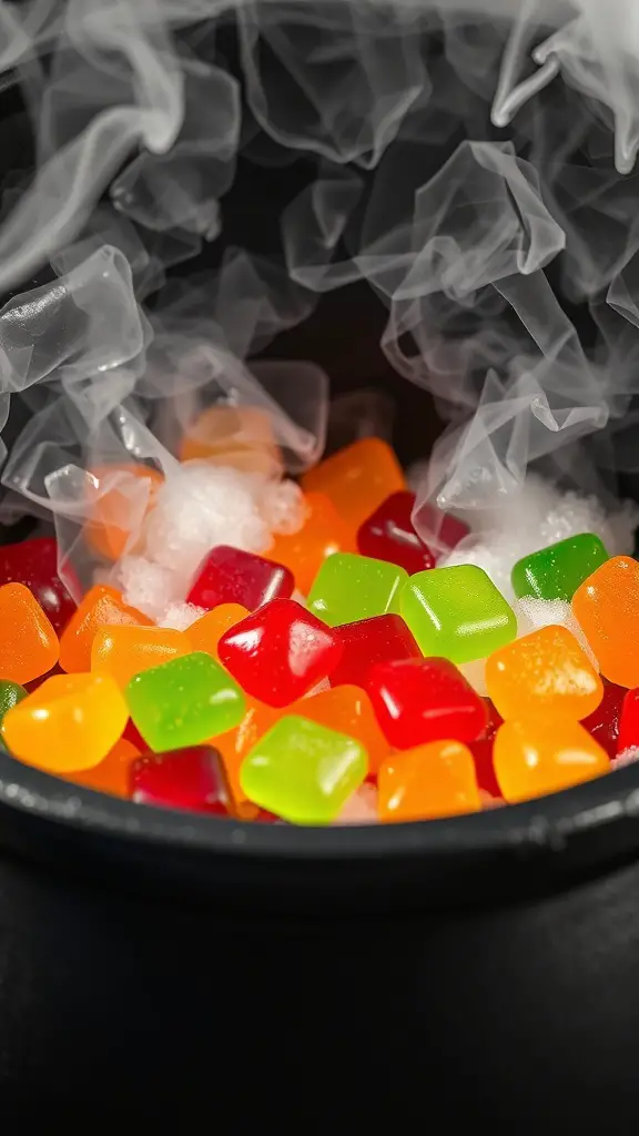 A cauldron filled with colorful gummy candies surrounded by smoke, representing Witch's Brew Gummies.