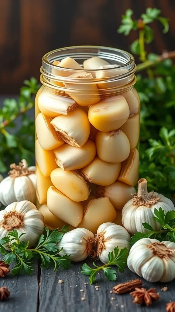 A jar of pickled garlic cloves surrounded by fresh garlic bulbs and herbs.