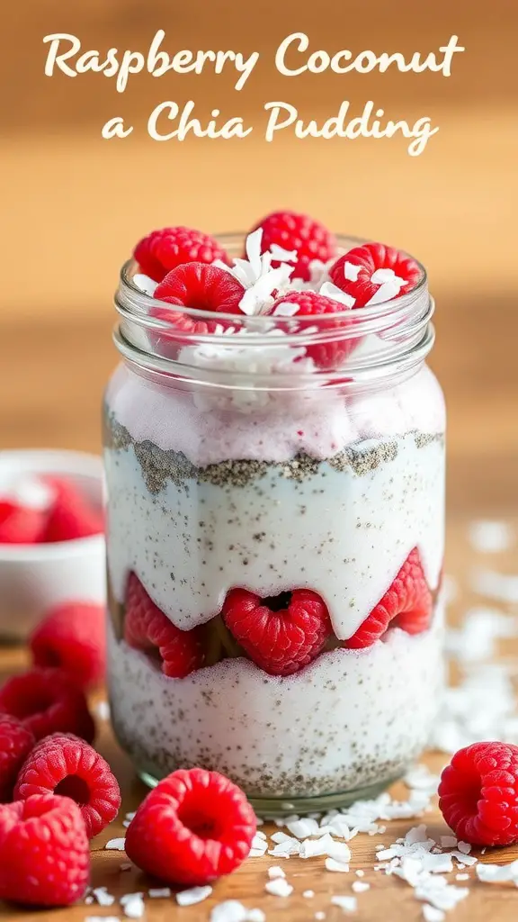 A jar of Raspberry Coconut Chia Pudding topped with fresh raspberries and shredded coconut.