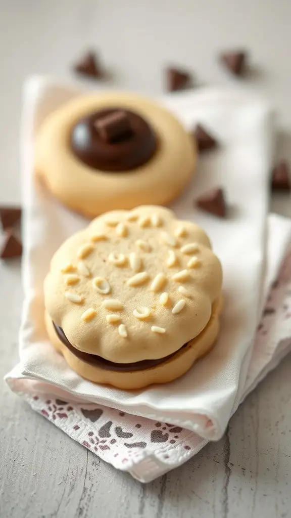 Two Baci di Dama cookies on a napkin, one topped with chocolate and the other with pine nuts.
