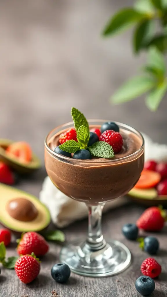 A glass of chocolate avocado mousse topped with fresh berries and mint, surrounded by avocado halves and more berries.