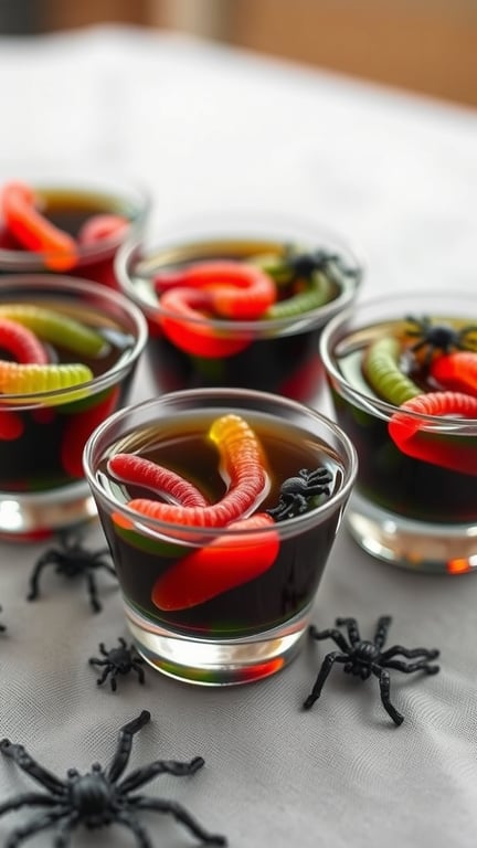 Creepy Crawly Jello Cups with gummy worms and plastic spiders