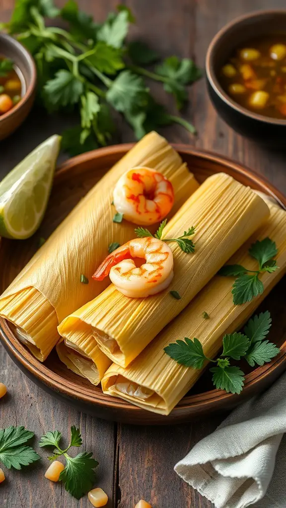 Plate of shrimp tamales with lime and cilantro, accompanied by salsa verde.