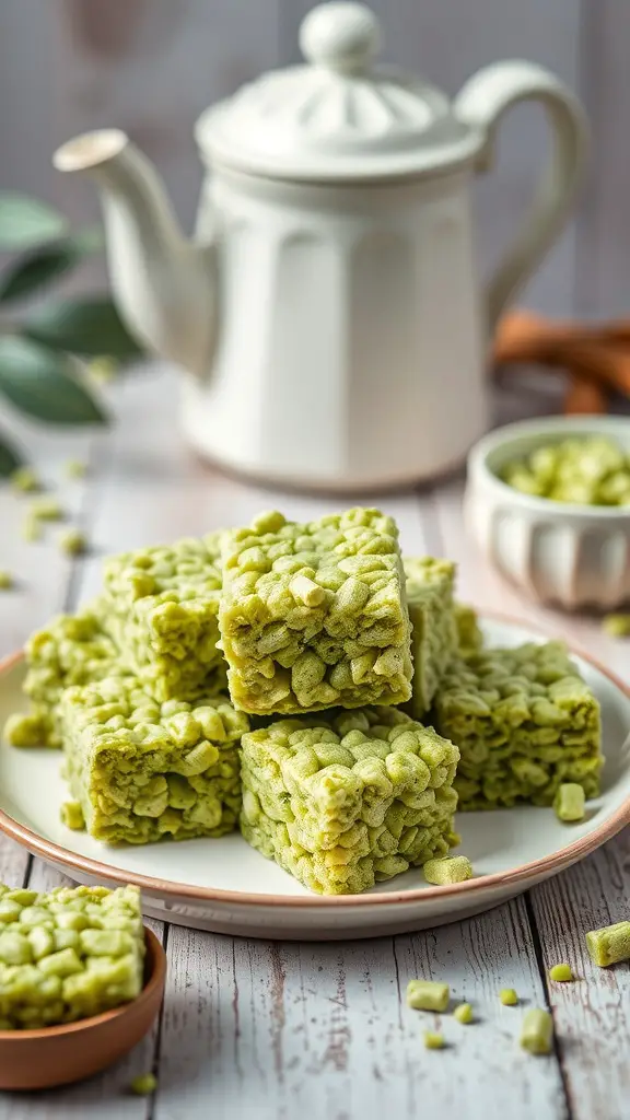 A plate of Matcha Green Tea Rice Krispie Treats with a teapot in the background.
