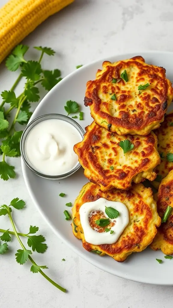 A plate of golden zucchini fritters served with a yogurt dip and garnished with fresh herbs.