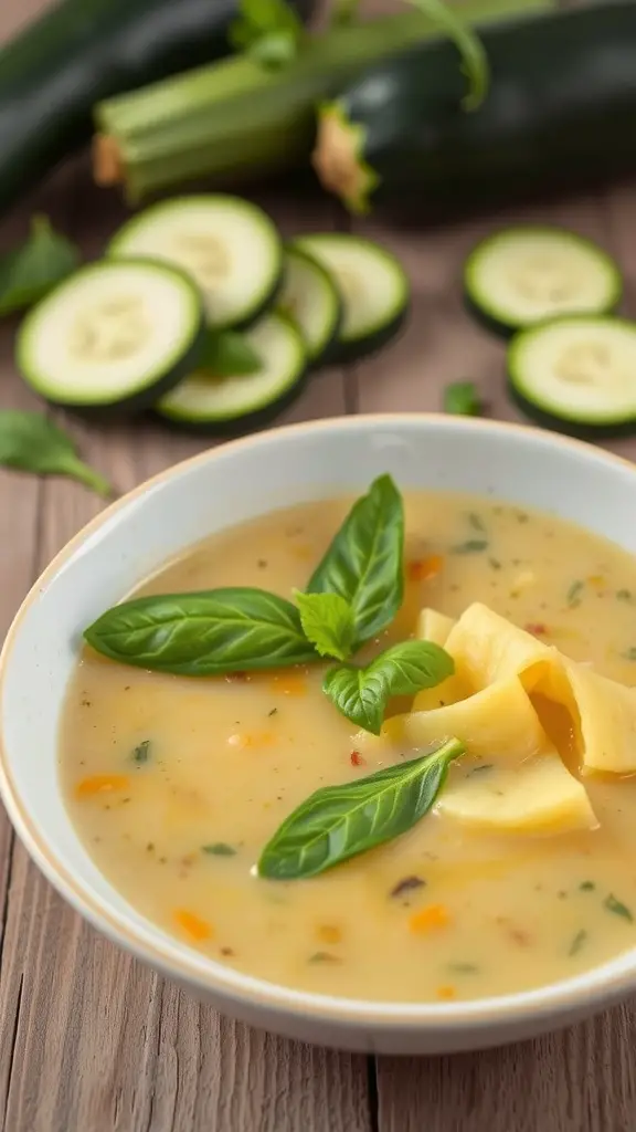 A bowl of Zucchini and Basil Soup garnished with basil leaves, surrounded by fresh zucchini slices.