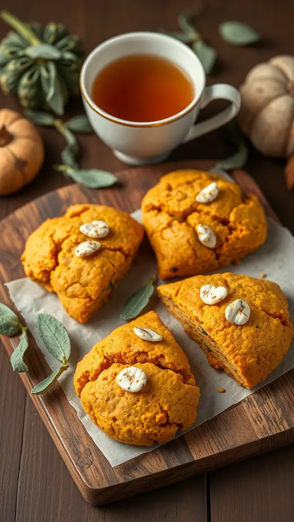 Savory pumpkin and sage scones on a wooden board with a cup of tea and decorative pumpkins