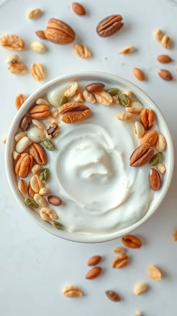 A bowl of Greek yogurt topped with various nuts and seeds, surrounded by more nuts on a white surface.