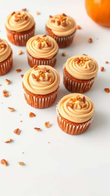 A display of butternut squash cupcakes with maple frosting, topped with nuts.
