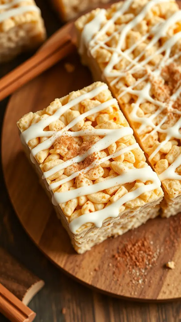 Delicious cinnamon roll rice krispie treats drizzled with icing and sprinkled with cinnamon on a wooden plate.